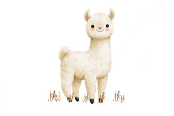 Obraz premium charming watercolor illustration of cute fluffy llama standing in field of dry wild grass