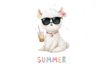Obraz premium Cute white llama wearing sunglasses and holding bubble tea with flower decoration