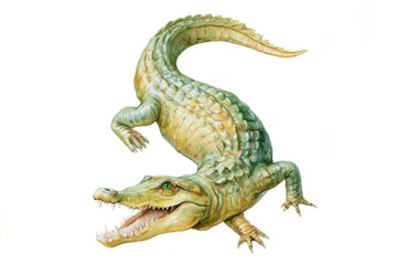Fototapeta premium Detailed watercolor painting of large green crocodile with its mouth open showing sharp white teeth