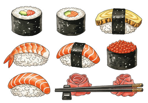 Watercolor illustration set of Japanese sushi including salmon nigiri, shrimp ebi, tamago omelet, maki rolls with avocado, ikura salmon roe gunkan, pickled ginger, and chopsticks.