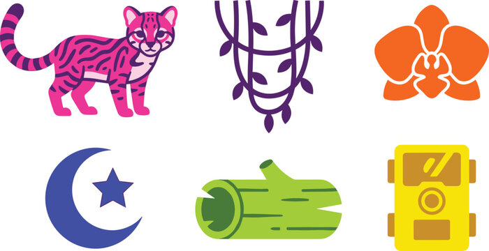 Rainforest Wildlife and Margay Cat Conservation Vector Icon Set with Vine Ropes Orchid Flower Moon Star Hollow Log and Trail Camera