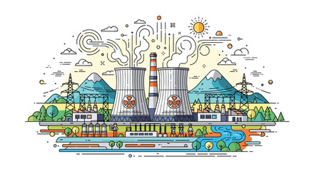Obraz premium Detailed vector illustration of a nuclear power plant with cooling towers, electricity pylons, and mountains under a bright sun.