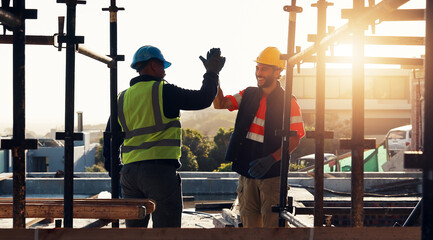 Engineer, high five and men at construction site for welcome, funny or agreement for renovation...