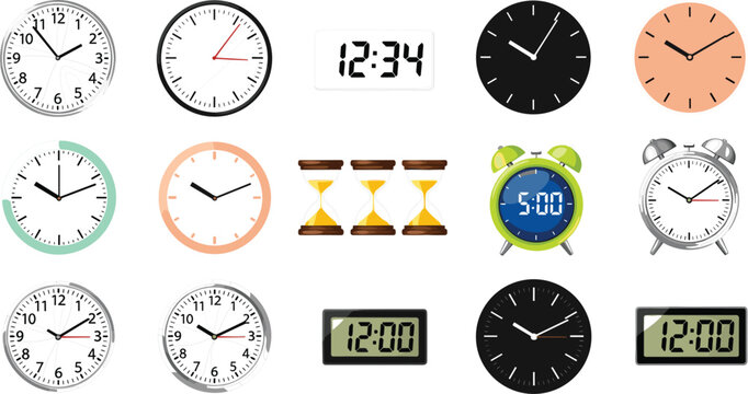 Modern Wall Clock and Digital Timer Vector Icon Set with Sand Hourglass and Colorful Alarm Clocks for Time Management and Productivity Designs