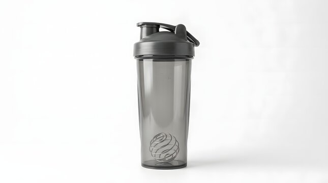 A sleek, transparent grey protein shaker bottle with a dark lid and subtle logo, standing upright on a clean white background.
