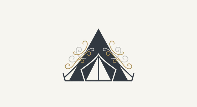 Decorative stylized camping tent icon with ornamental swirls.