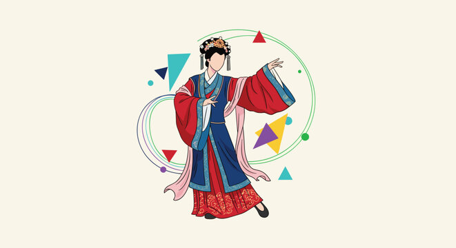 Elegant woman wearing a traditional Chinese hanfu dress with blue and red silk and intricate floral headpiece dancing gracefully.