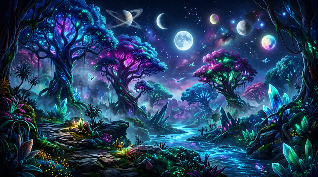 Mystical forest scenery with glowing flora and planetary bodies in deep night sky.