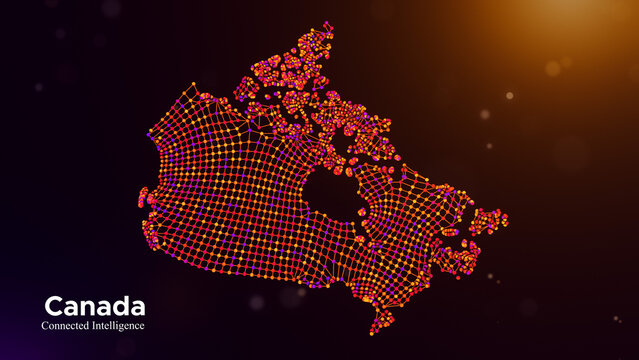 Canada connected intelligence concept featuring a neural network map, colorful connected nodes, and modern typography over a glowing purple and orange technology background.