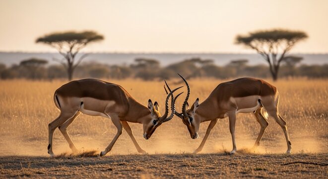 Two male antelopes fighting with horns in savannah