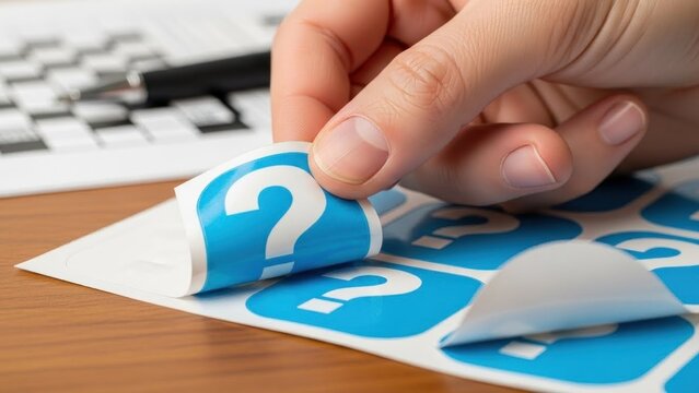 A hand peeling a blue and white question mark sticker from a sheet