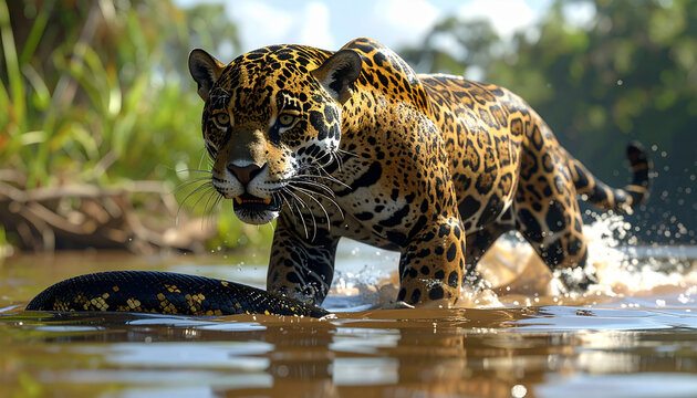 Jaguar stalking prey through shallow water in natural habitat