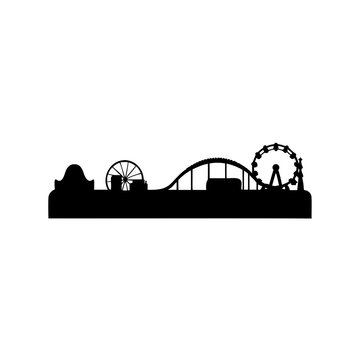 Amusement park roller coaster and ferris wheel silhouette - Minimalist black silhouette of an amusement park featuring a roller coaster, Ferris wheel, and other rides against a plain background.