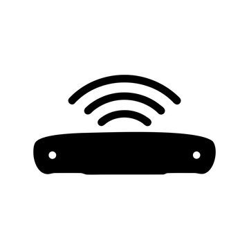 Black wireless router with signal waves - Minimalist black wireless router icon displaying strong signal waves, suitable for tech and internet-related designs.