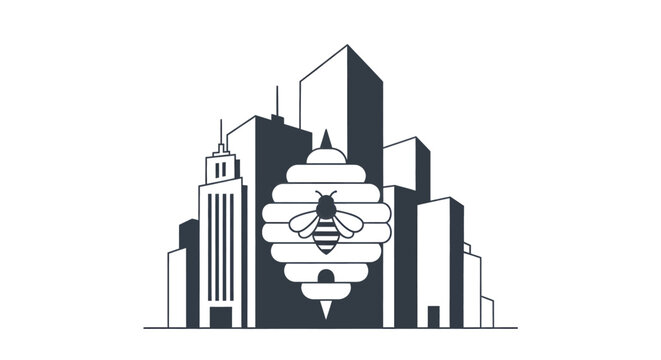 A beehive with a bee in front of a modern city skyline, illustrating urban beekeeping or a business concept.