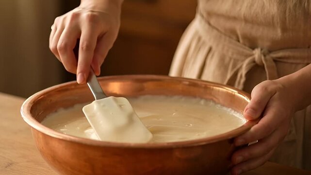 Mixing Smooth Batter in Copper Bowl, Infused with the Spirit of Spring Flowers.