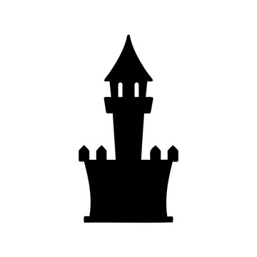 Simple black castle tower icon - Clean and minimalist black silhouette of a castle tower with battlements and a pointed roof, ideal for medieval or fantasy themes.