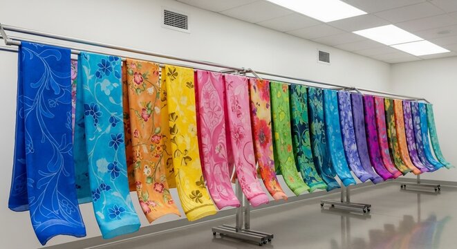Colorful scarves on metal rack in room with fluorescent lighting
