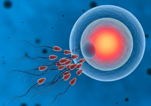 Microscopic view of sperm cells swimming towards and surrounding a large ovum cell during fertilization process