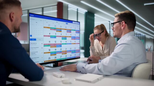 Business Manager Leads Team Meeting Pointing At Calendar