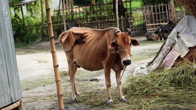 A brown cow standing tethered in a rural farm courtyard.