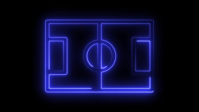 Glowing neon soccer field outline animation, blue light sports pitch for broadcast football