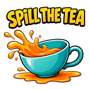 Bright cartoon illustration of a teal cup splashing orange tea with bold lettering 'Spill The Tea' conveying gossip, drama, playful conversation, trending social media meme and expressive emotion