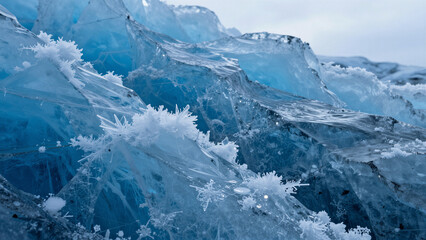 Fototapeta premium Frozen blue ice forms jagged, crystalline peaks. Sharp edges glisten under soft, diffused light. Snowflakes cling to translucent surfaces. Cold, serene beauty dominates the landscape