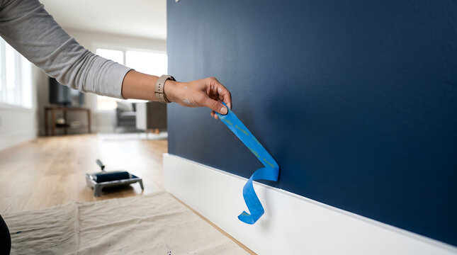 Person peeling off blue painters tape to reveal a sharp clean edge between a freshly painted navy blue wall and white baseboard trim during a home renovation project