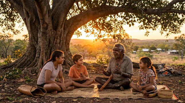 An Indigenous Australian elder sharing stories with three children under a large banyan tree during a golden sunset