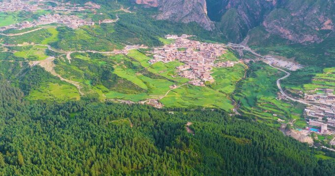 Aerial view of Tibetan village in Zhagana, Gannan, Gansu, natural scenery in mountain valley