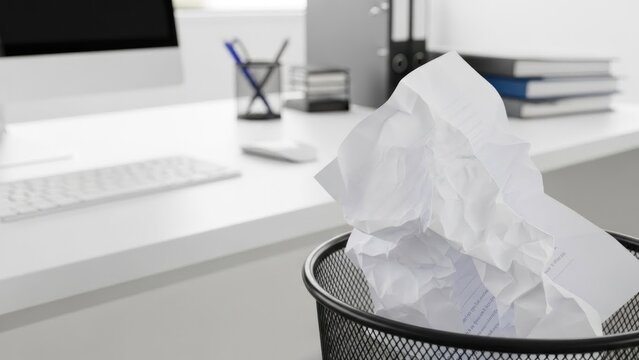 A black trash can filled with crumpled papers on a white office desk