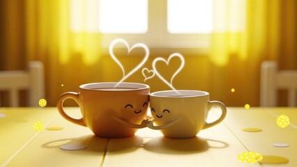 Fototapeta premium A warm scene with two smiling coffee mugs on a wooden table surrounded by hearts