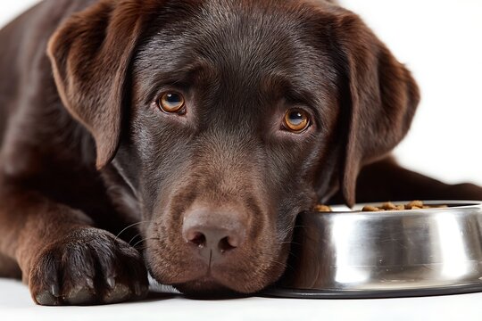 A close-up of a chocolate Labrador looking longingly at a bowl of food against a white background.