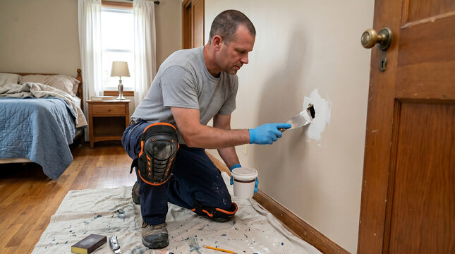 Handyman wearing knee pads and safety gloves while repairing a hole in a bedroom wall using a putty knife and drywall joint compound during a home maintenance project