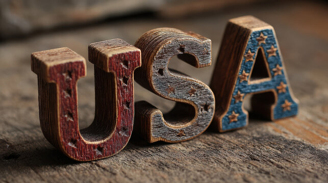 Usa letters made of wood on a wooden surface with stars