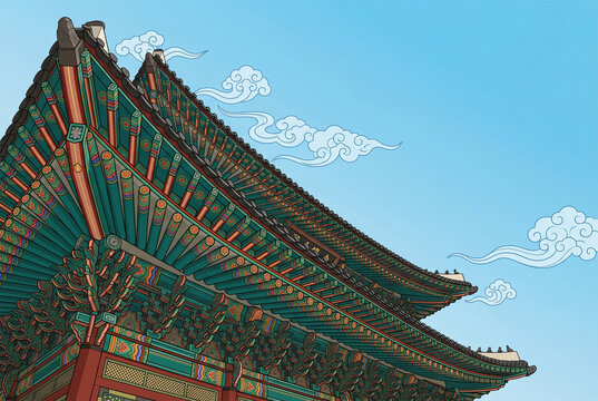 traditional korean palace building roof with colorful dancheong pattern and tile curves under blue sky illustration
