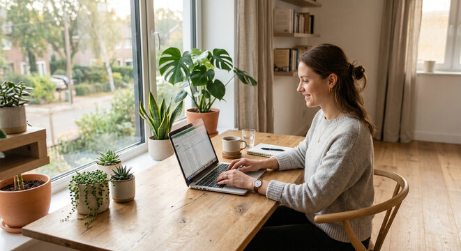 Smiling Young Woman Working Remotely on Laptop Near Window with Indoor Plants
