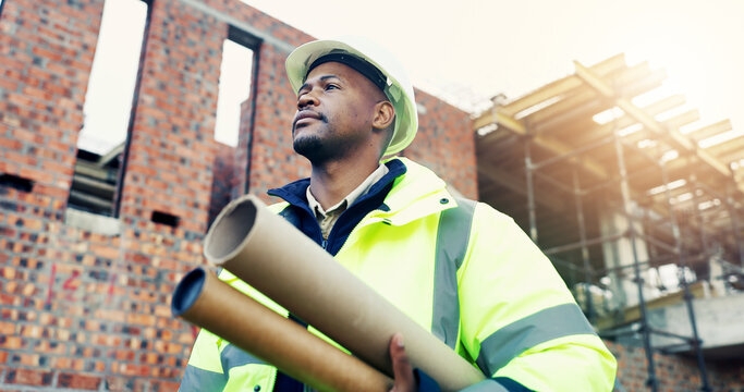 Construction, thinking or black man outdoor with blueprint, operation plan or mindset in building review. Documents, low angle or engineer with ppe, project insight or progress reflection on site.