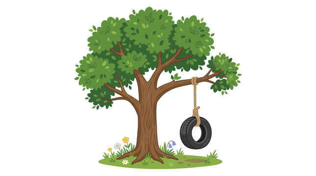 Cartoon Tree with Tire Swing and Flowers on White Background