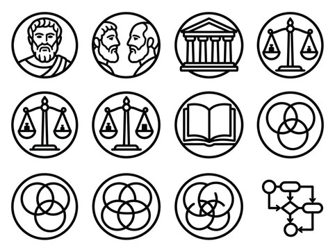Philosophy and Logic Icon Set: Greek Thinkers, Justice Scales, and Venn Diagrams