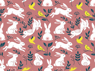 Obraz premium Easter seamless pattern with white rabbits, yellow birds, and spring foliage on pink background
