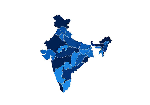 Professional Blue India Map with Administrative State Borders on White Background