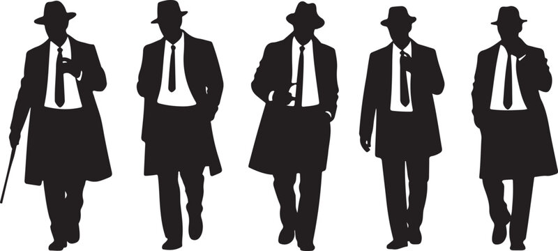 Silhouettes of five men in suits and fedora hats walking in a row, vintage noir detective style, classic 1940s fashion, mysterious group of people, vector illustration