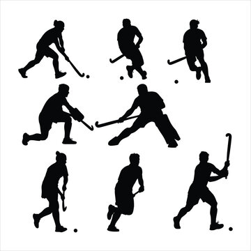 Black silhouettes of field hockey players in various poses