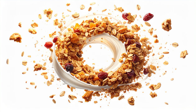Granola cereal explosion with nuts and dried fruits