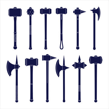 Collection of various axes and hammers on white background