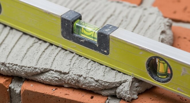 Level tool on brick wall with cement
