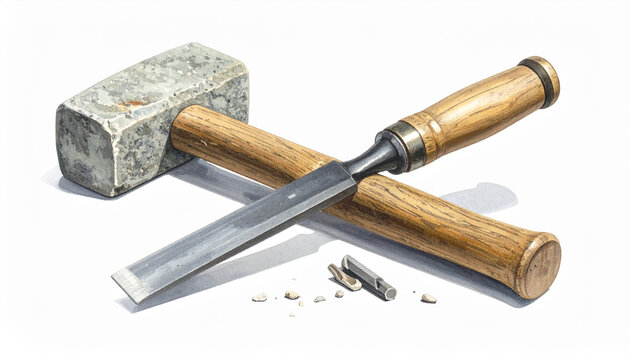 Woodworking tools and hardware on isolated surface