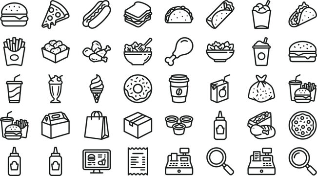 Fast food and street meal line icons for delivery and restaurant menu graphics